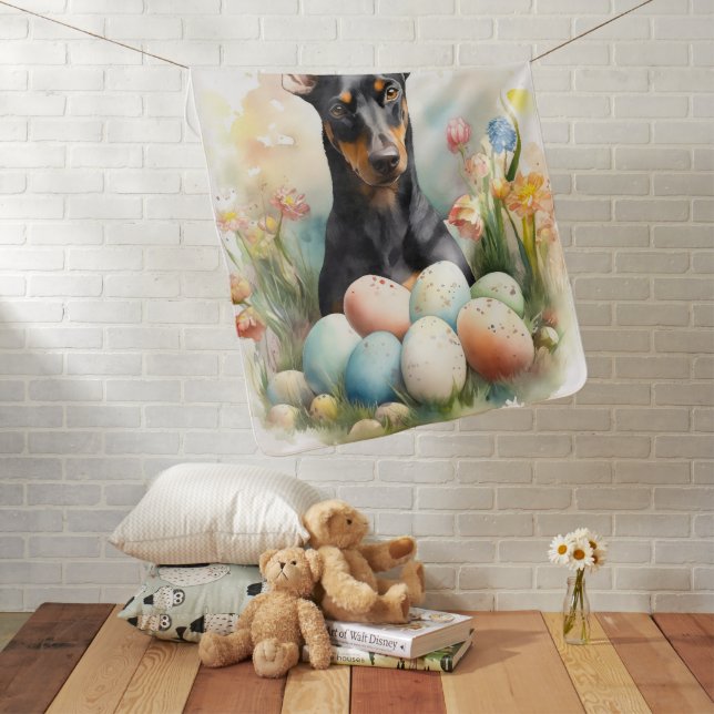 Doberman with Easter Eggs Baby Blanket (In Situ)