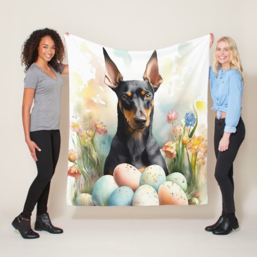 Doberman with Easter Eggs Fleece Blanket