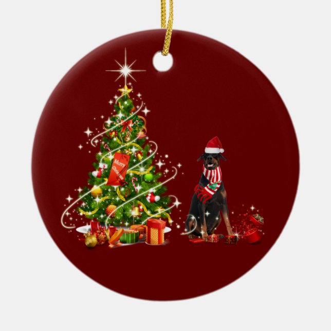 doberman With Hat Scaft Christmas Ceramic Ornament (Front)