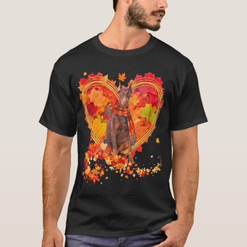 Doberman With Heart Made Of Autumn Leaves T_Shirt