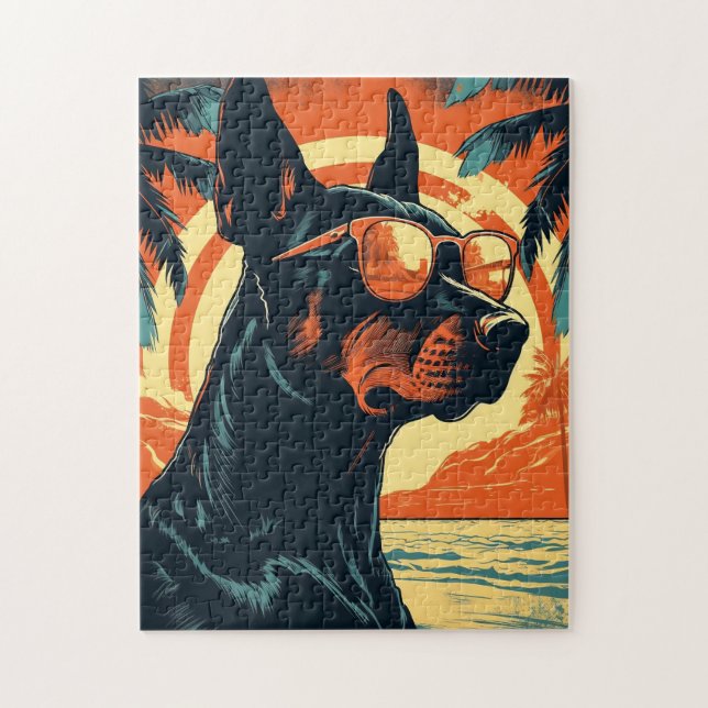 Doberman with sunglasses at a tropical beach jigsaw puzzle (Vertical)