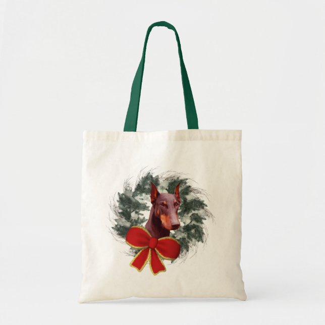 Doberman Wreath Christmas Holiday Tote Bag (Front)