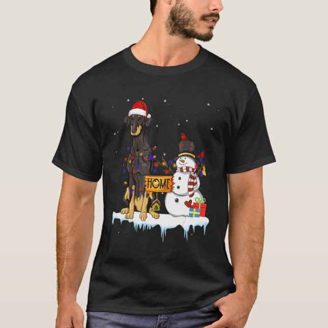 Dobermann Dog Christmas Snowman Xmas Lights Pajama T-Shirt (Front)