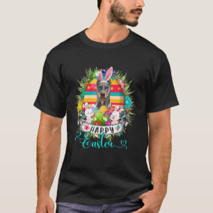 Dobermann Dog In Easter Eggs Basket Bunnies Happy T-Shirt