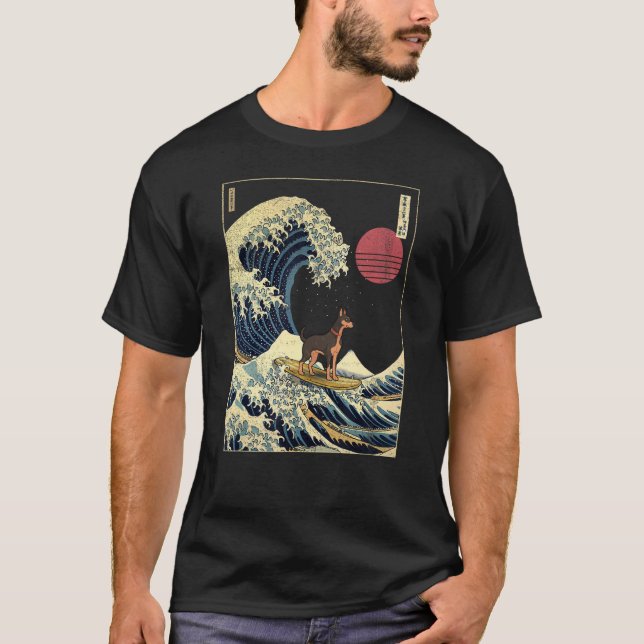 Dobermann Japanese Kanagawa Wave  Surf Dog T-Shirt (Front)