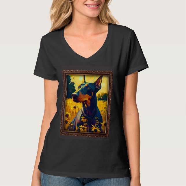 Dobermann Painting Sunflower Flower Mom Women Flor T-Shirt (Front)