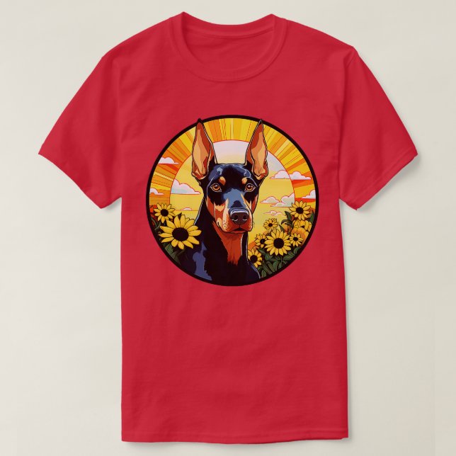 Dobermann Pinscher Flower Sunset Cute Colorful Pup T-Shirt (Design Front)