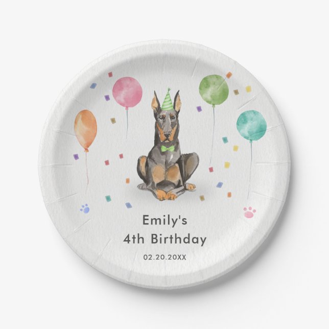 Dobermann Puppy Dog Kids Birthday Party Paper Plates (Front)