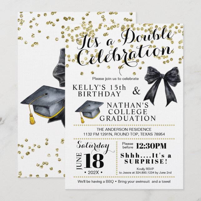 Doble Celebration Birthday & Graduation Invitation (Front/Back)