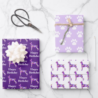 Dobmerman Pinsher Dog Silhouette Purple Happy Bday Wrapping Paper Sheets