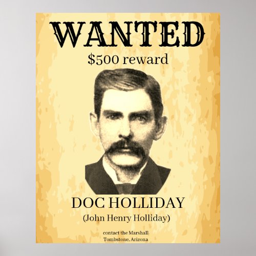 Doc Holliday Wanted Old West Vintage Outlaw Poster