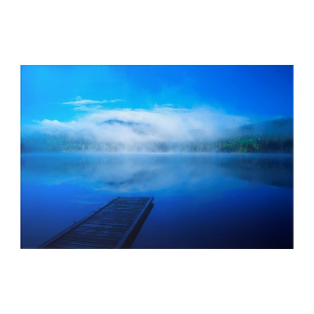 Dock on calm misty lake, California Acrylic Print (Front)