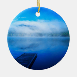 Dock on calm misty lake, California Ceramic Ornament
