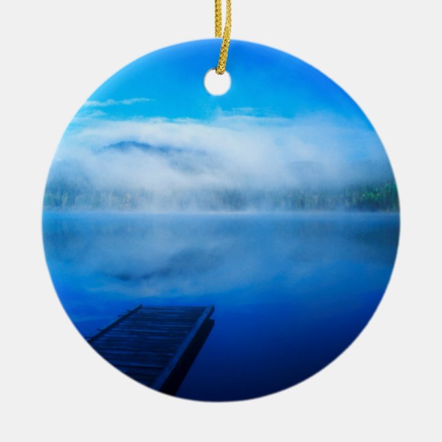 Dock on calm misty lake, California Ceramic Ornament (Front)