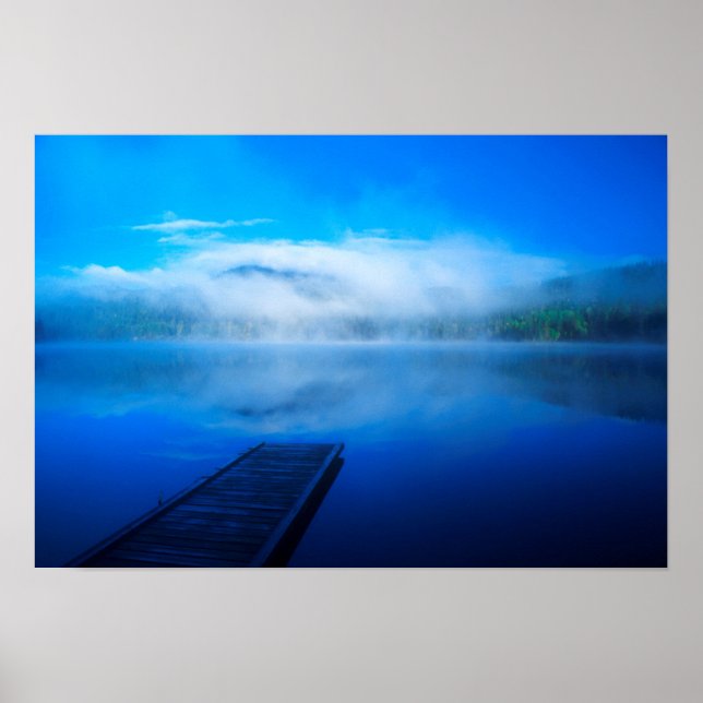 Dock on calm misty lake, California Poster (Front)