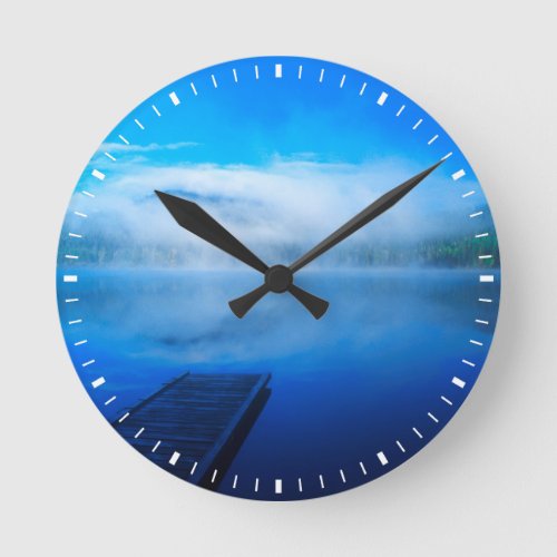 Dock on calm misty lake California Round Clock