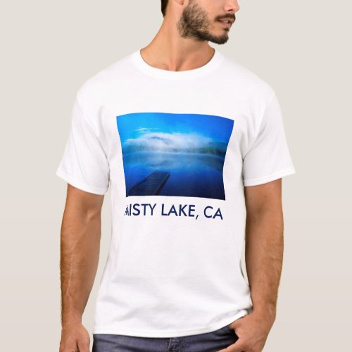 Dock on calm misty lake California T_Shirt