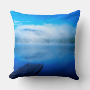 Dock on calm misty lake, California Throw Pillow