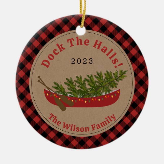Dock The Halls Canoe Christmas Tree Photo Plaid Ceramic Ornament (Front)