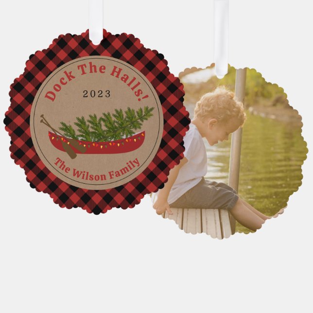 Dock The Halls Canoe Christmas Tree Photo Plaid Ornament Card (Front/Back)