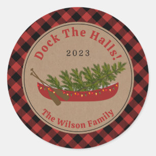 Dock The Halls Canoe Christmas Tree Plaid Classic Round Sticker