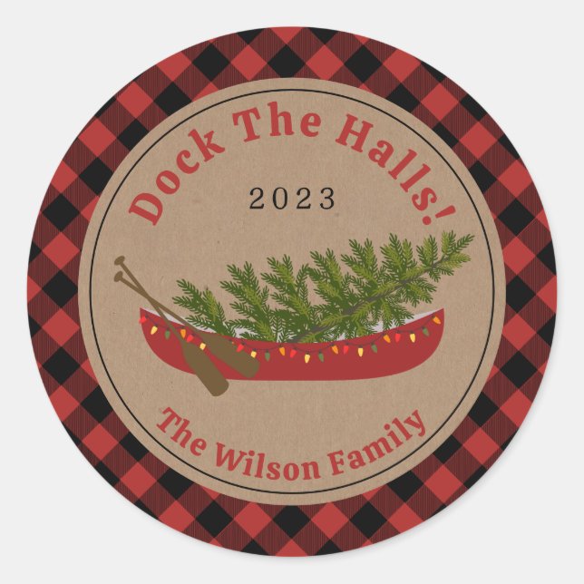 Dock The Halls Canoe Christmas Tree Plaid Classic Round Sticker (Front)