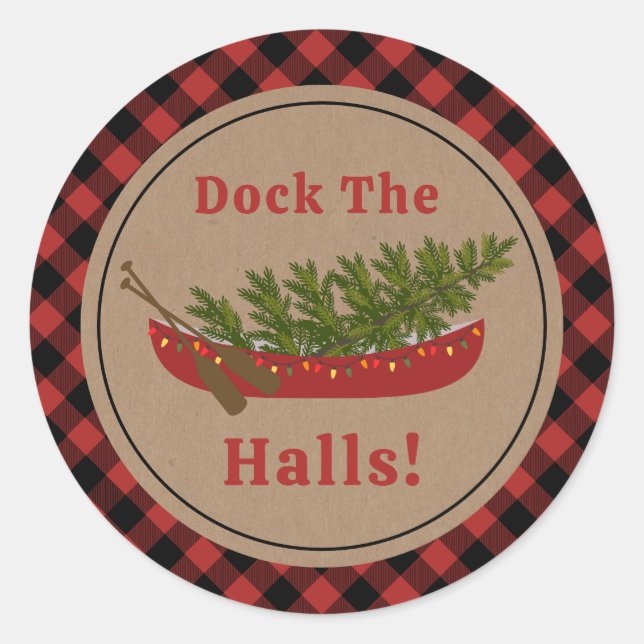 Dock The Halls Canoe Christmas Tree Plaid Classic Round Sticker (Front)