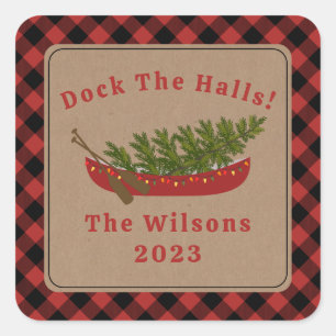 Dock The Halls Canoe Christmas Tree Plaid Square Sticker