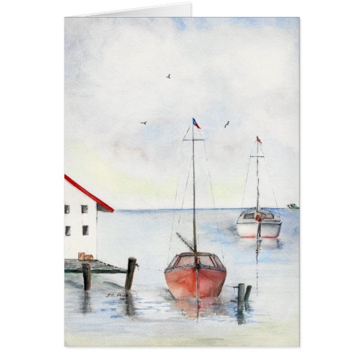 Docked Sailboats Watercolor Painting (Front)