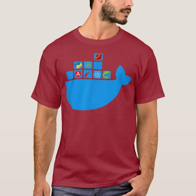 Docker React Node Js Ruby Rail Python Hackathon T-Shirt (Front)
