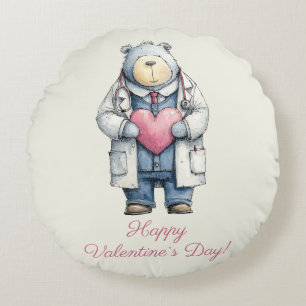Doctor Bear Valentine Heart Art Round Pillow
