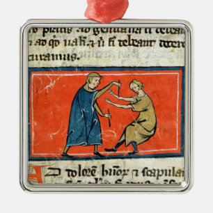 Doctor cauterising a wound with fire metal ornament