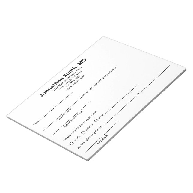 Doctor Excuse Medical Office Black White Template Notepad (Angled)