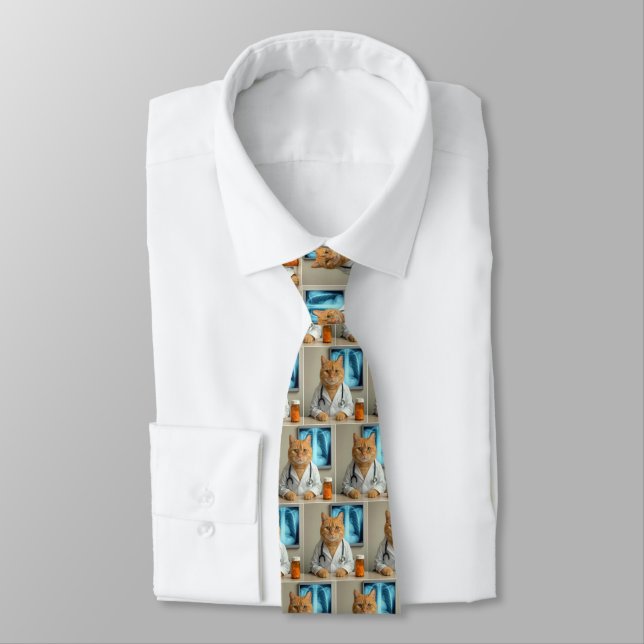 Doctor Ginger Cat With a Stethoscope Neck Tie (Tied)