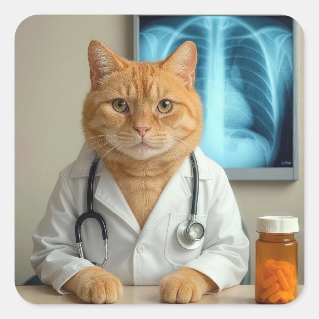 Doctor Ginger Cat With Stethoscope Square Sticker (Front)
