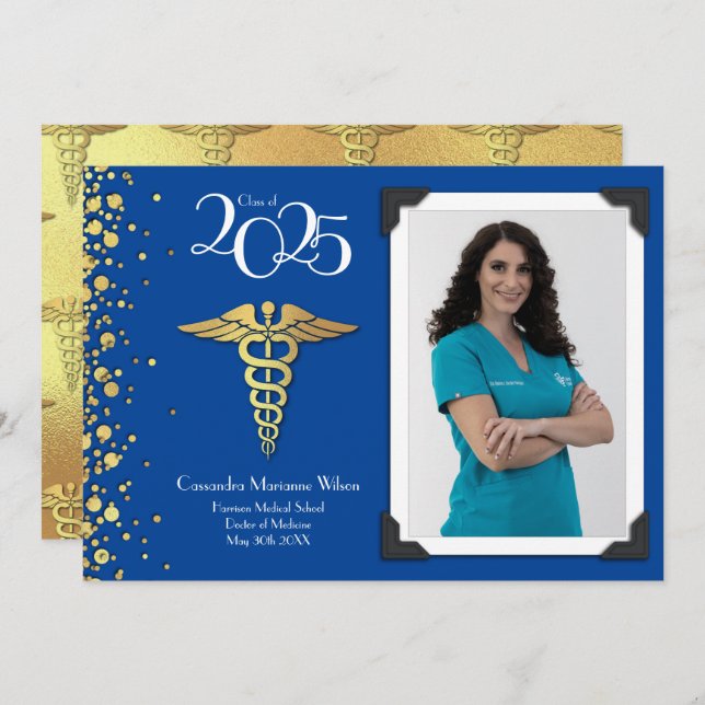 Doctor Gold Graduation Announcement Blue (Front/Back)