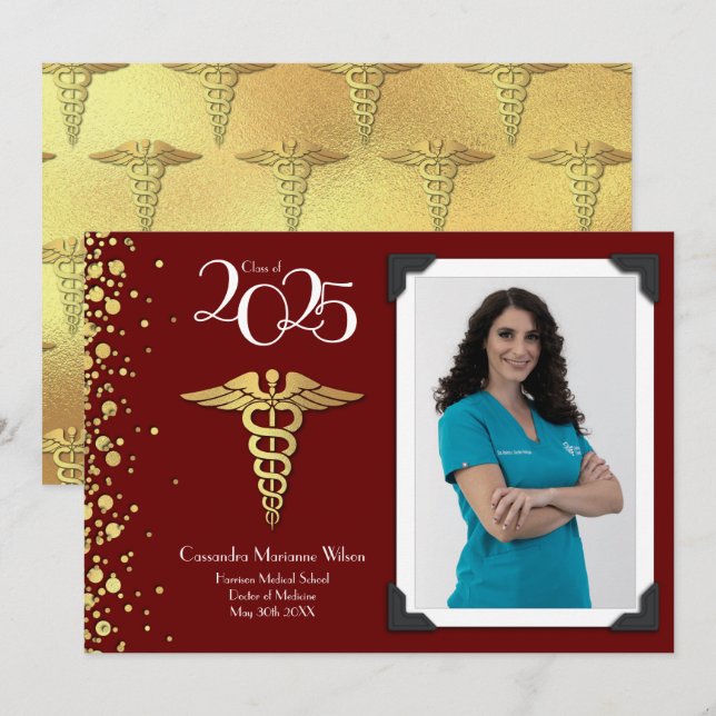 Doctor Gold Graduation Announcement Maroon Photo (Front/Back)