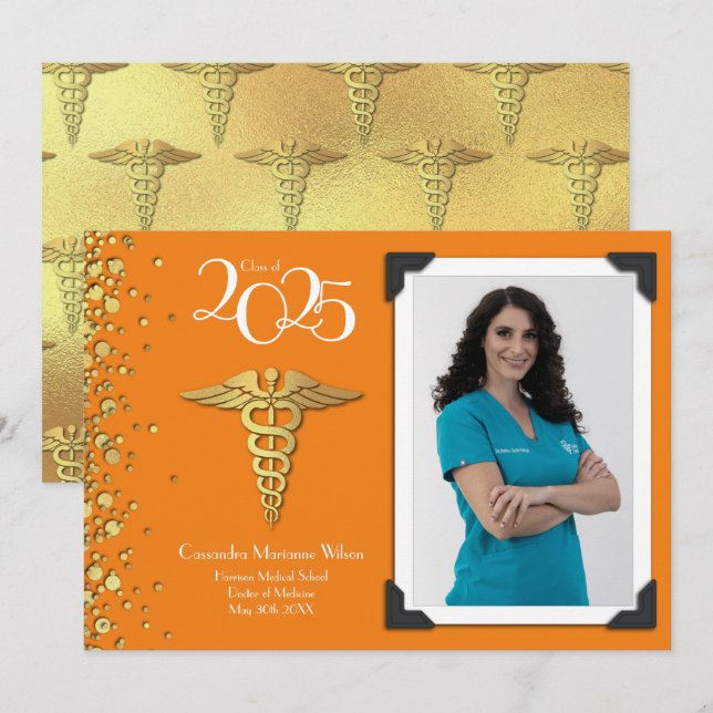 Doctor Gold Graduation Announcement Orange (Front/Back)