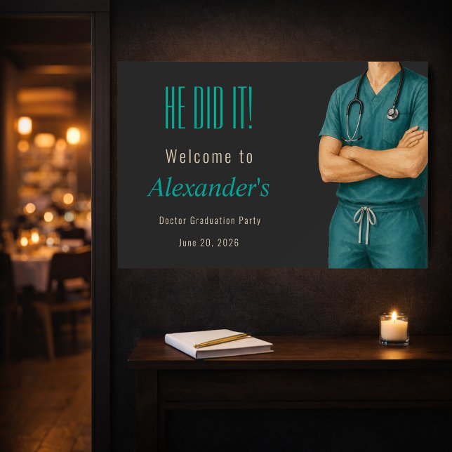 Doctor Graduation Banner Teal Black Foam Board (Doctor graduation welcome sign with warm candlelight luxury setup)