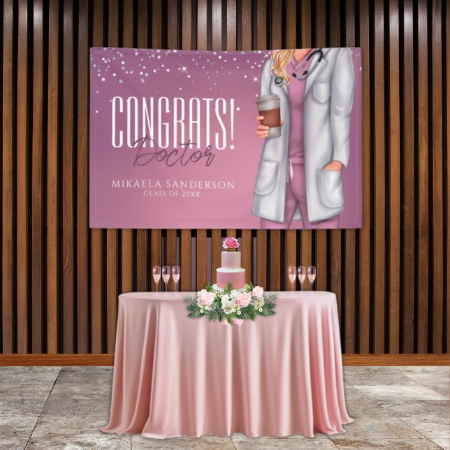 Doctor Graduation Congratulations Banner (Doctor graduation banner in elegant pink party setup)