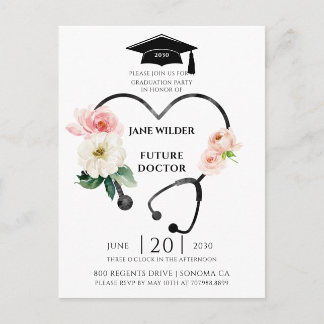 Doctor Graduation Floral Laurel Invitation  Postcard (Front)