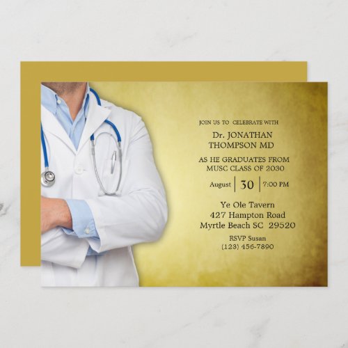 Doctor Graduation Party Gold White Coat Invitation