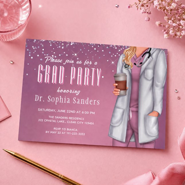 Doctor Graduation Party Photo Invite (Modern doctor graduation party invite pink elegant layout)