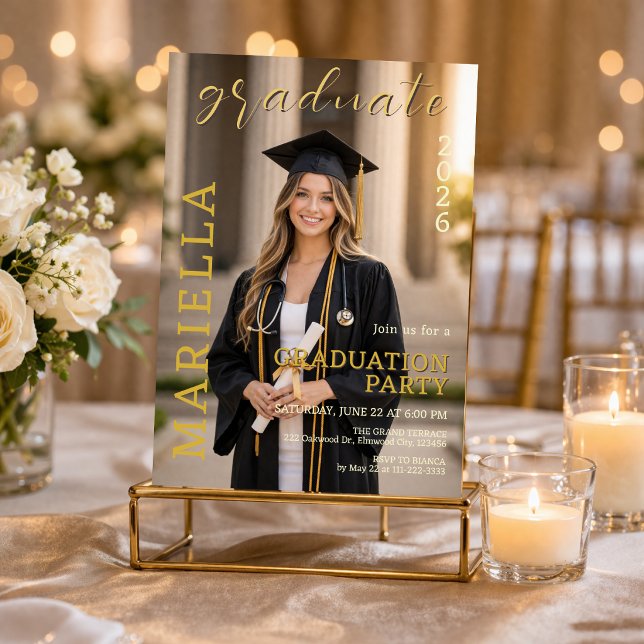 Doctor Graduation Photo Party Invite (Elegant doctor graduation photo invite with soft gold details and modern layout.)