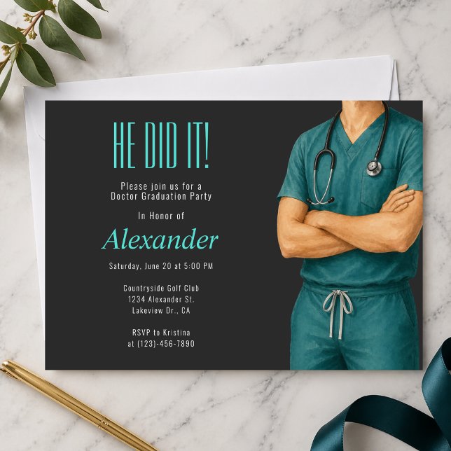 Doctor Graduation Photo Party Invite (Modern doctor graduation party invitation with photo, clean medical theme design)