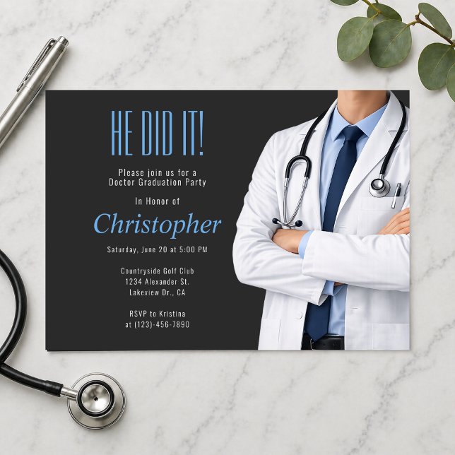 Doctor Graduation Photo Party Invite (Modern doctor graduation invitation with clean layout and elegant white coat design)