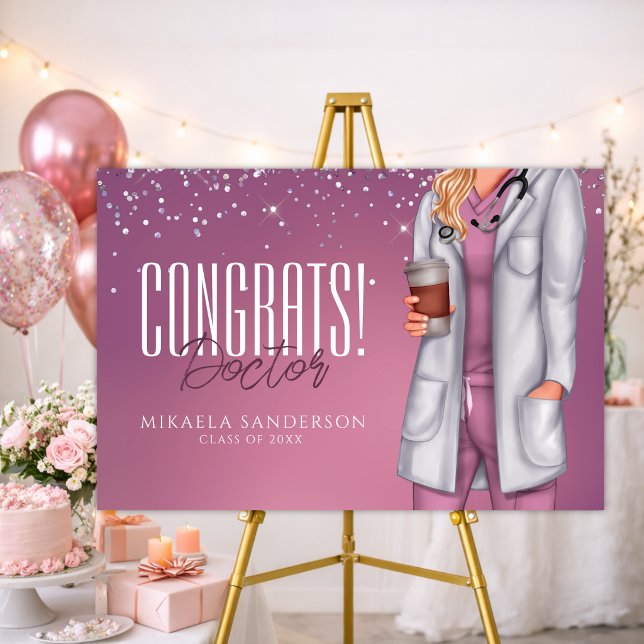 Doctor Graduation Pink Stethoscope Design Foam Board (Elegant doctor graduation welcome sign displayed in a soft pink celebration setup)