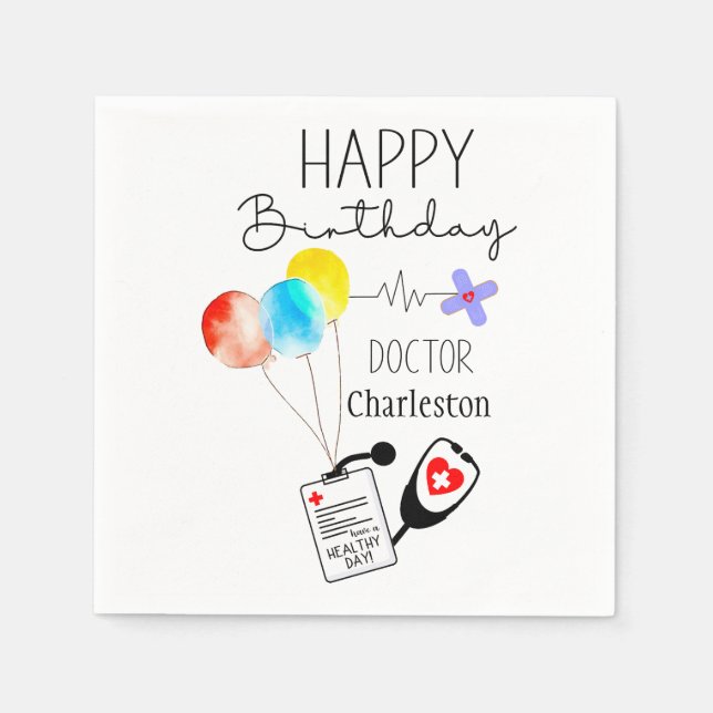 Doctor Happy Birthday Balloons Flat Birthday Napkins (Front)