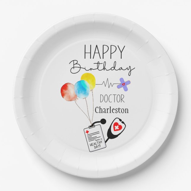Doctor Happy Birthday Balloons Flat Birthday Paper Plates (Front)