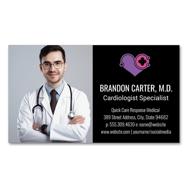 Doctor in Lab Coat | Cardiology Logo Business Card Magnet (Front)
